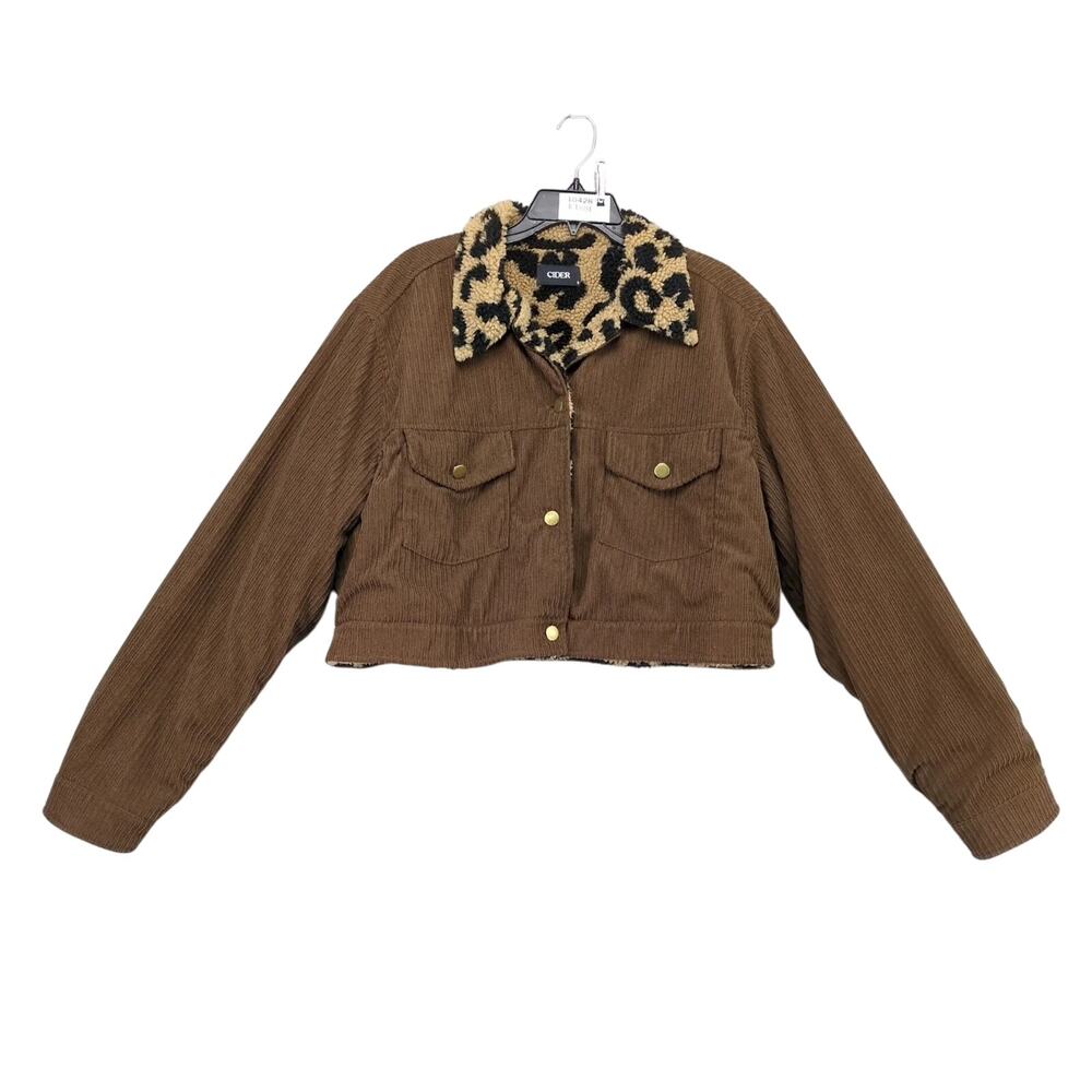 Cider Animal Print Fleece Lined Brown Corduroy Jacket Women's‎ XL Brass Buttons